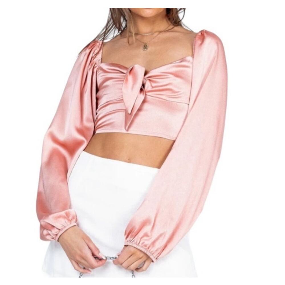 Princess Polly Cropped Long Sleeve Estee Top in Light Pink Satin Size 4